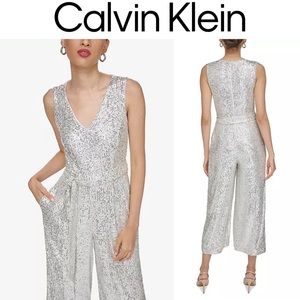 *NEW - NWT- Calvin Klein Silver Sequin Sleeveless Jumpsuit*